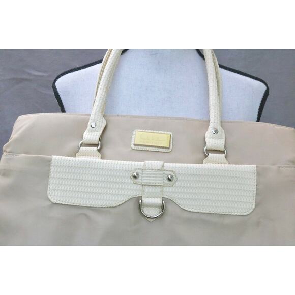 Nicole Miller Nylon Duffle Bag with Faux Croc Handles Cream Large Tan Beige - Picture 3 of 11